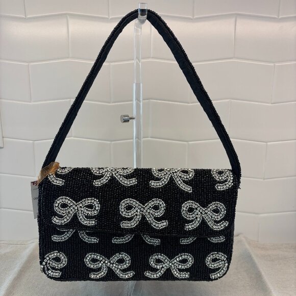 Viral Beaded Black and Silver Bow Bag - Made in India - Minor Beaded Flaw - Picture 1 of 10